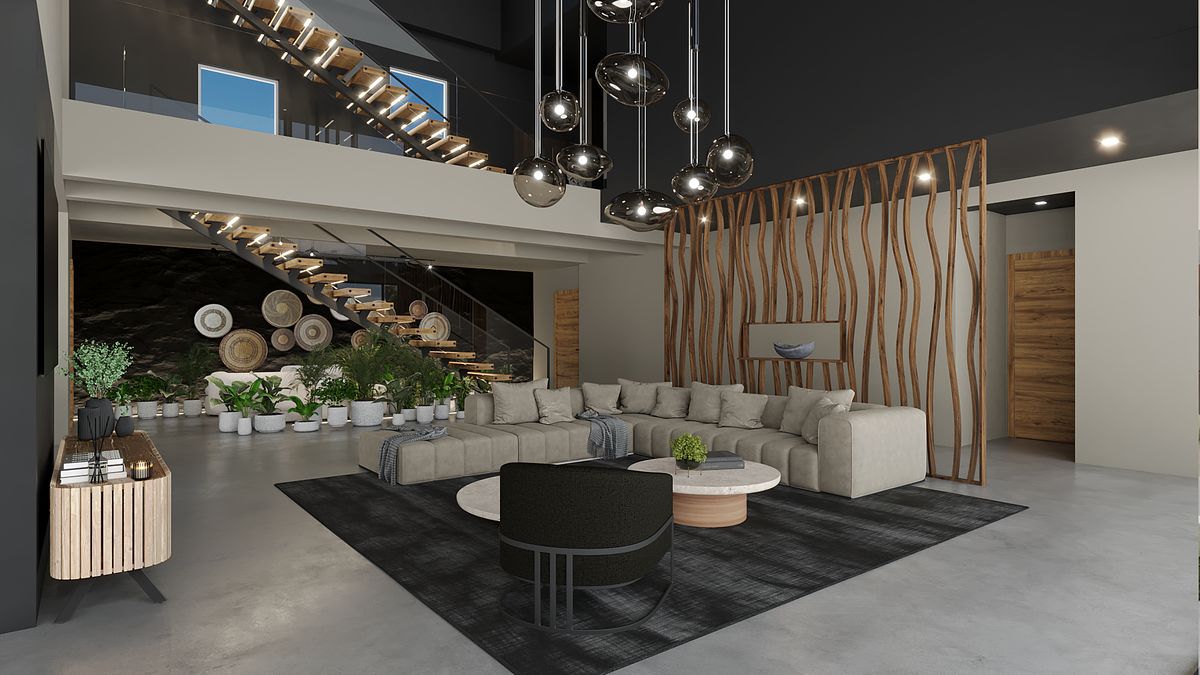 House A – Double-Volume Lounge – photoreal 3D render