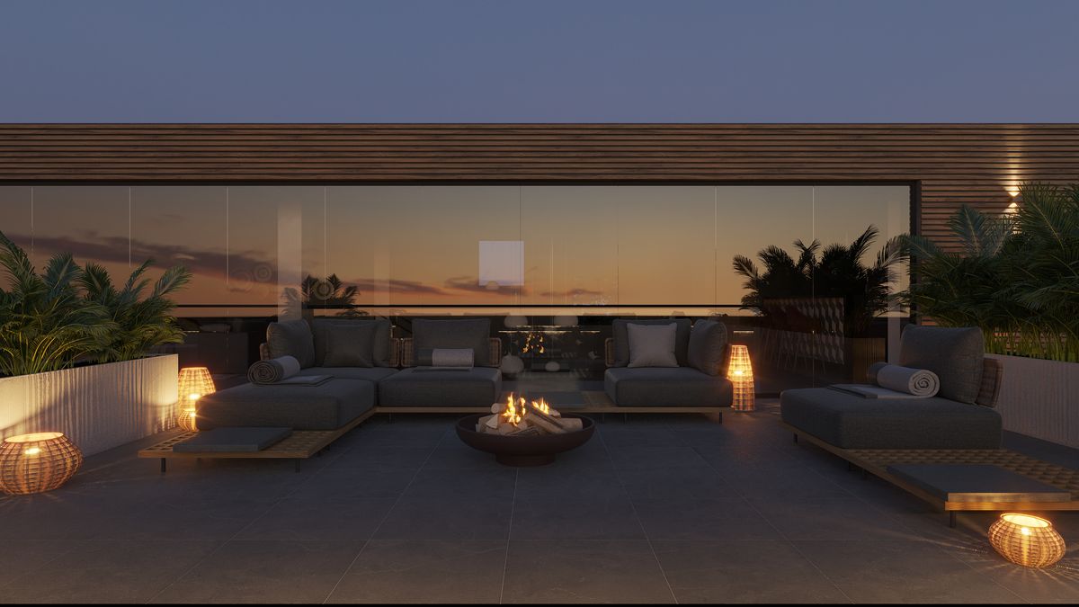 House A – Rooftop Lounge at Dusk – photoreal 3D render