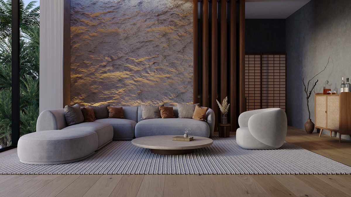 Lounge with stone feature wall – 3D interior render