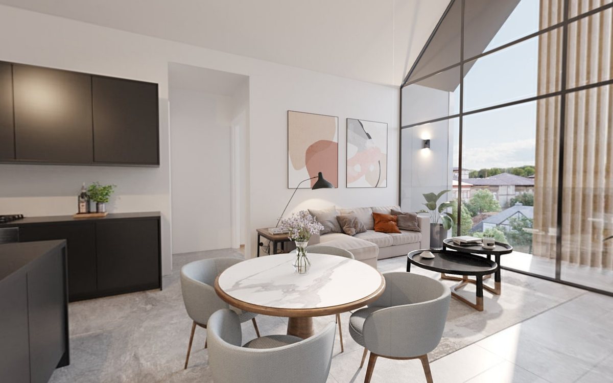 Open-plan kitchen, dining and lounge – still from the interactive 3D walkthrough